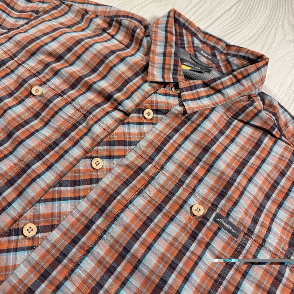 Eddie Bauer Travex Short Sleeve Camp Shirt Men’s XL Orange Blue Plaid Outdoors